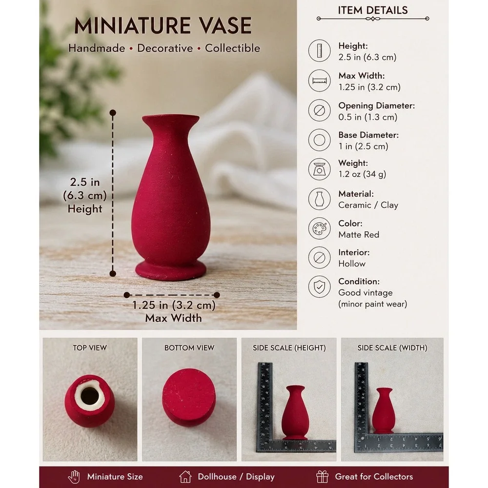 Miniature Matte Red Ceramic Bud Vase Small Decorative Amphora 2.5 Inch‎
